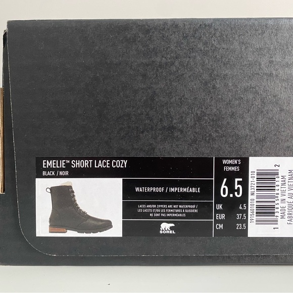NEW Sorel Emelie Shearling Short Lace Up Cozy Black White Fur Boots Shoes Sz 6.5 - Picture 15 of 15